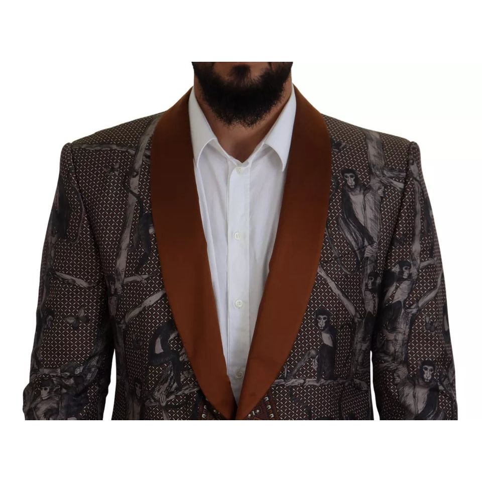 Dolce & Gabbana Bronze Monkey Print Silk Slim Jacket Blazer
