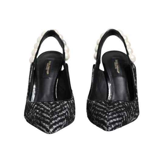 Dolce & Gabbana White Black Chevron Faux Pearl Slingback Shoes