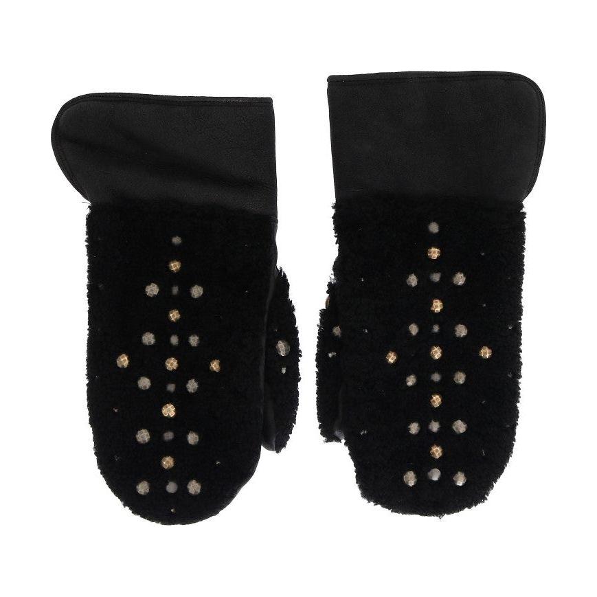 Dolce & Gabbana Black Leather Shearling Studded Gloves 1728,67345645728,9|M,Accessories,Black,Dolce & Gabbana,Gloves - Accessories,Gloves - Men - Accessories,Material: Leather,Men,Men - Accessories,New with tags,Shearling