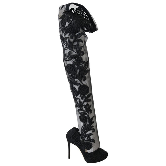 Dolce & Gabbana Black Floral Embroidered Socks Boots LA4248-4