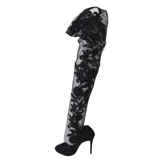 Dolce & Gabbana Black Floral Embroidered Socks Boots LA4248-4