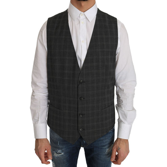 Dolce & Gabbana Gray Wool STAFF Checkered Stretch Vest1728,3% Elastan,67345645728,Clothing,Dolce & Gabbana,Gray,IT52 | XL,Material: 97% Wool,Men,Men - Clothing,New with tags,Suits & Blazers - Clothing,Vests - Men - Clothing,Waistcoats - Suits & Blazers -