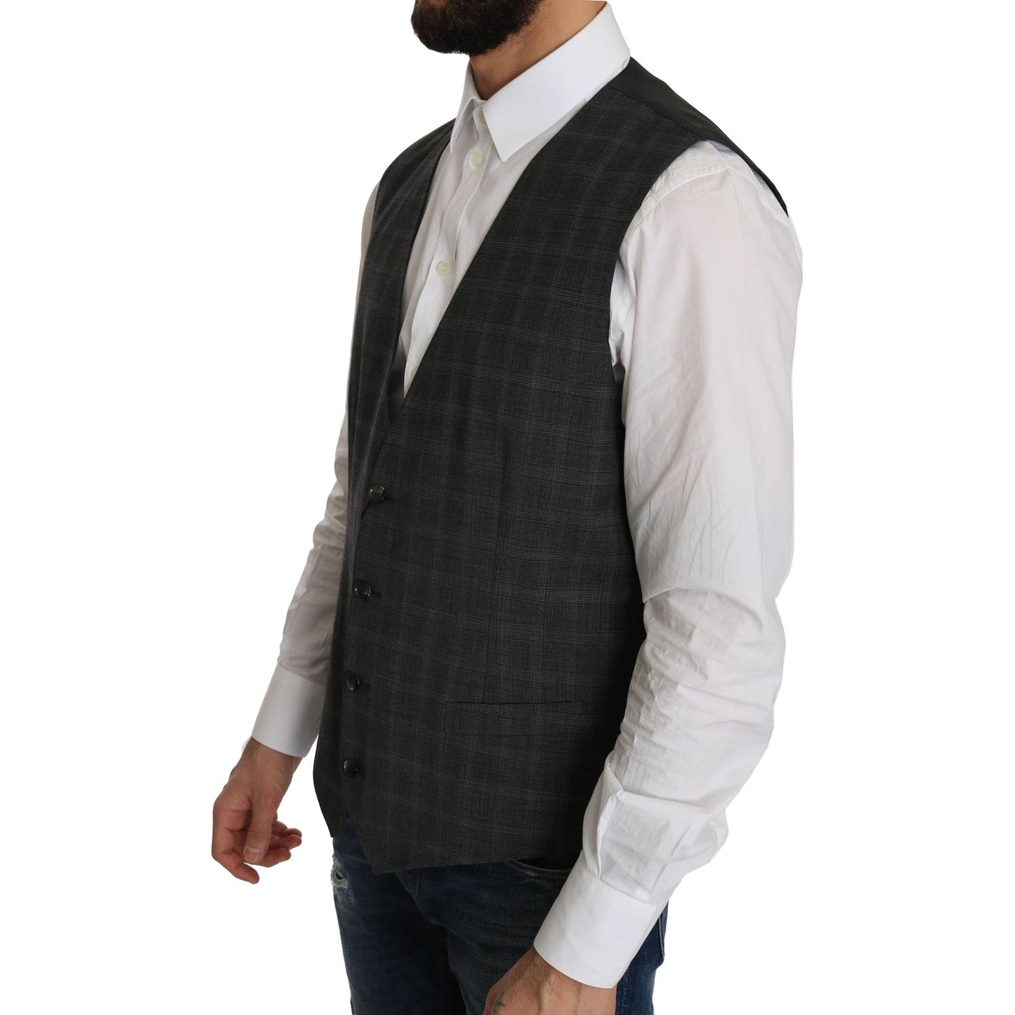 Dolce & Gabbana Gray Wool STAFF Checkered Stretch Vest1728,3% Elastan,67345645728,Clothing,Dolce & Gabbana,Gray,IT52 | XL,Material: 97% Wool,Men,Men - Clothing,New with tags,Suits & Blazers - Clothing,Vests - Men - Clothing,Waistcoats - Suits & Blazers -