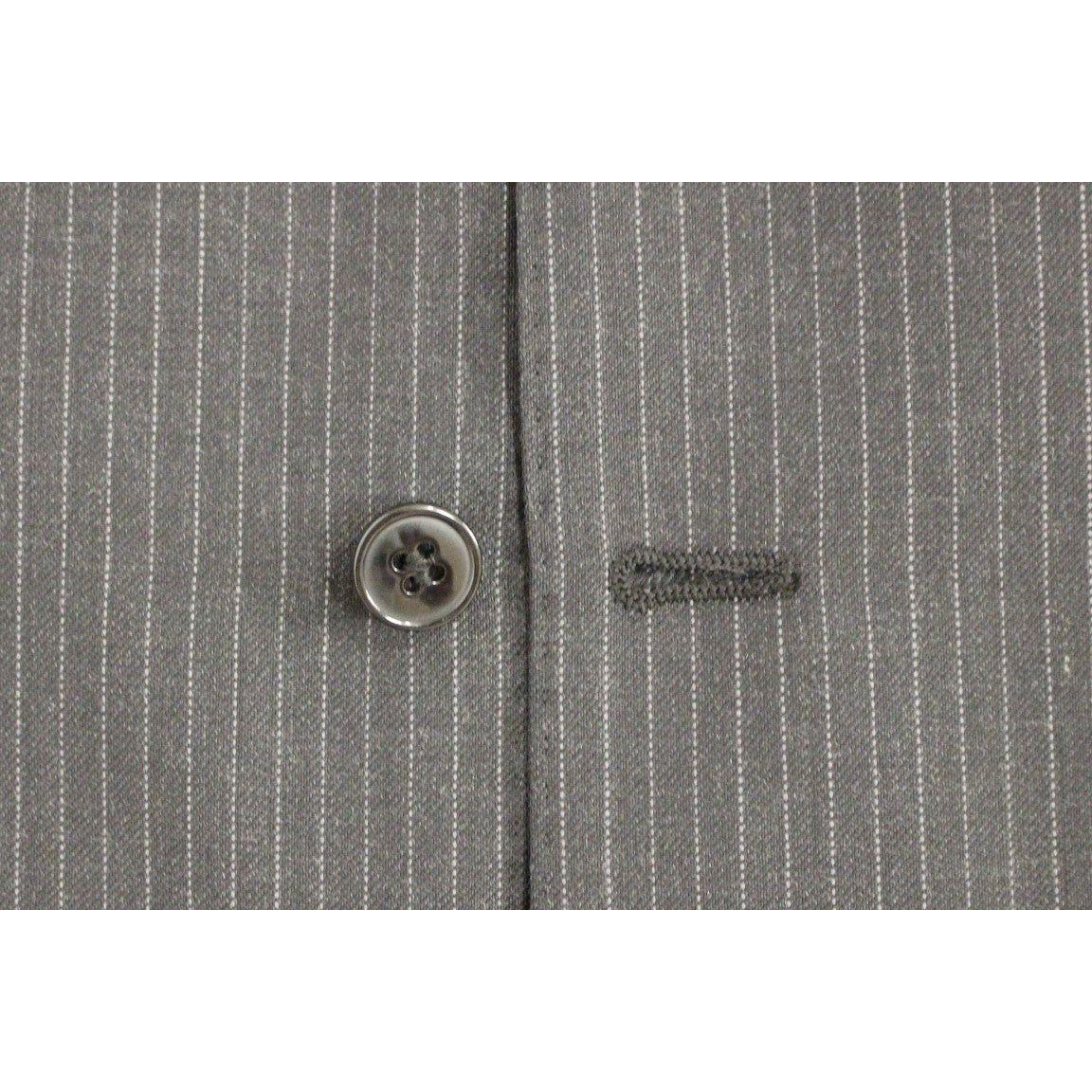 Dolce Gabbana gray striped wool vest close-up of button and fabric detail