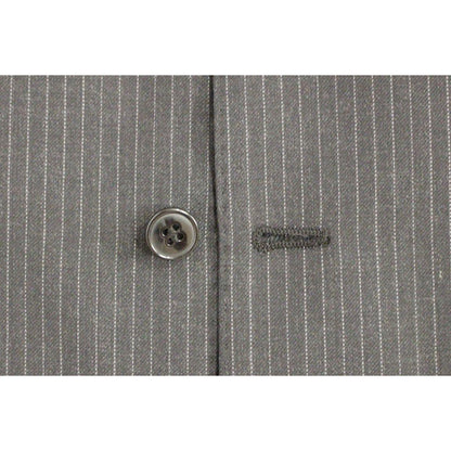 Dolce Gabbana gray striped wool vest close-up of button and fabric detail