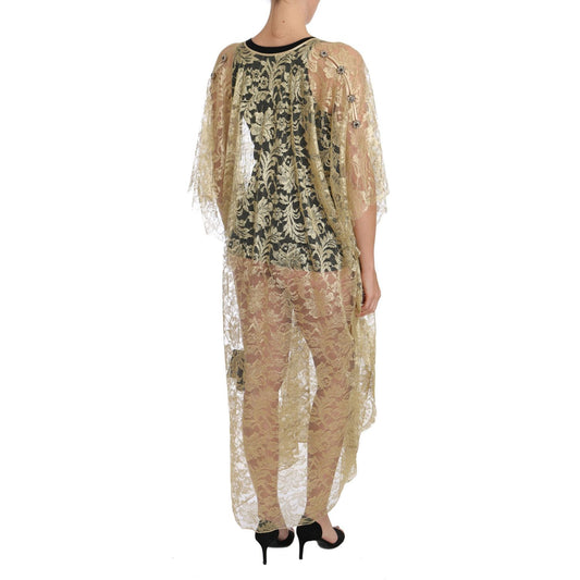 Dolce & Gabbana Gold Floral Lace Crystal Gown Cape Dress