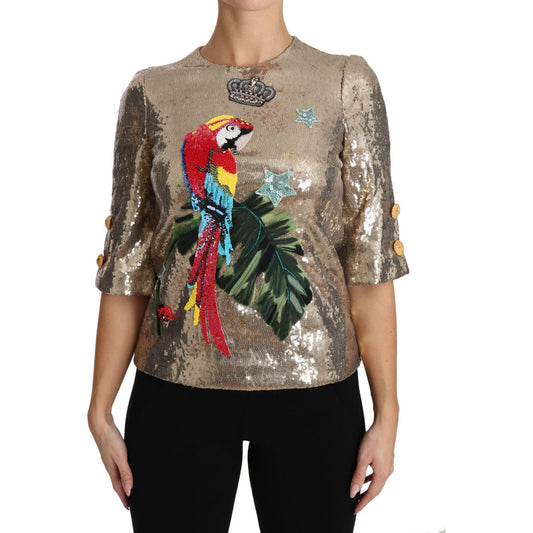 Dolce & Gabbana Gold Sequined Parrot Crystal Blouse TSH3124-36