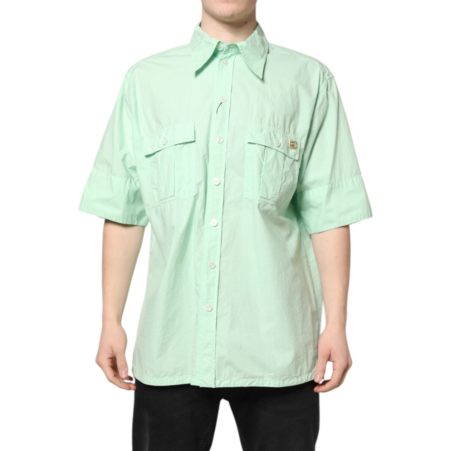 Dolce & Gabbana Green Cotton Short Sleeves Men Casual Shirt TSH87803-43