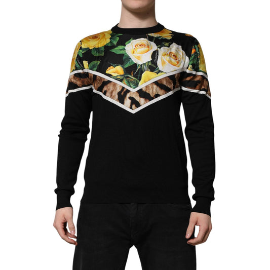 Dolce & Gabbana Black Silk Floral Crew Neck Pullover Sweater