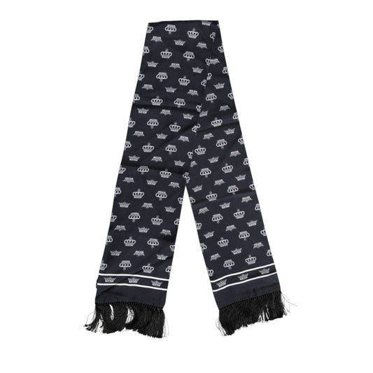 Dolce & Gabbana Black Silk Crown Fringes Men Foulard Scarf