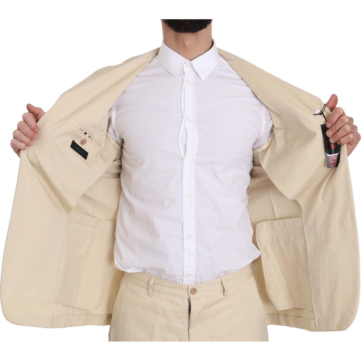 Romeo Gigli Two Piece 3 Button Beige Cotton Solid Suit1728,35% Cotton,67345645728,Beige,Clothing,IT46 | S,Material: 65% Polyester,Men,Men - Clothing,New with tags,Romeo Gigli,Suits & Blazers - Clothing,Suits - Men - Clothing,Two-Piece Suits - Suits & Blaz