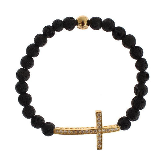 Nialaya Lava Stone Gold Clear CZ Cross 925 Silver Bracelet1728,67345645728,Accessories,Black,Bracelets - Jewellery - Accessories,Bracelets - Women - Jewelry,Category - Jewellery,Jewellery - Accessories,Jewelry,Material: Gold plated 925 Sterling Silver,Men