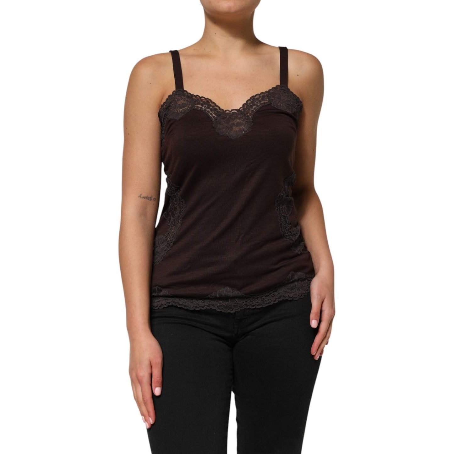 Dolce & Gabbana Dark Brown Lace Trim Wool Sleeveless Tank Top TSH90622-3