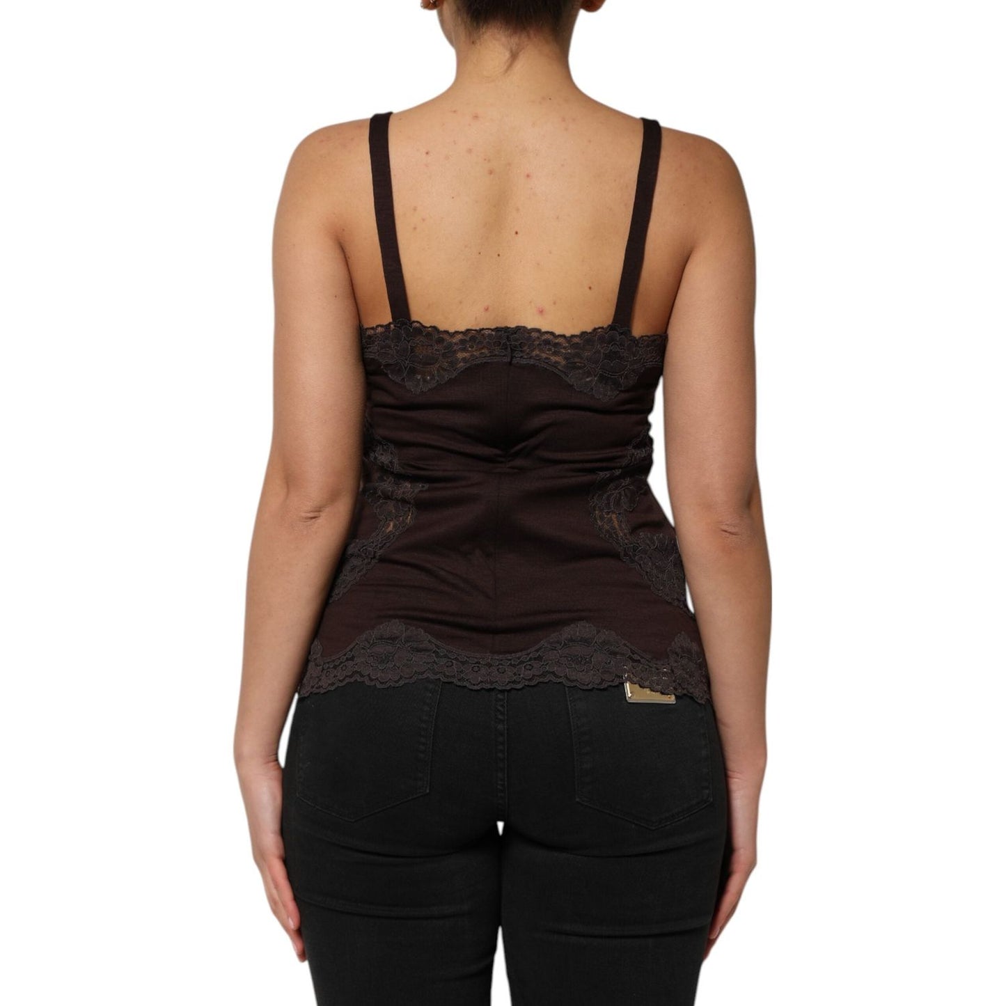 Dolce & Gabbana Dark Brown Lace Trim Wool Sleeveless Tank Top TSH90622-3