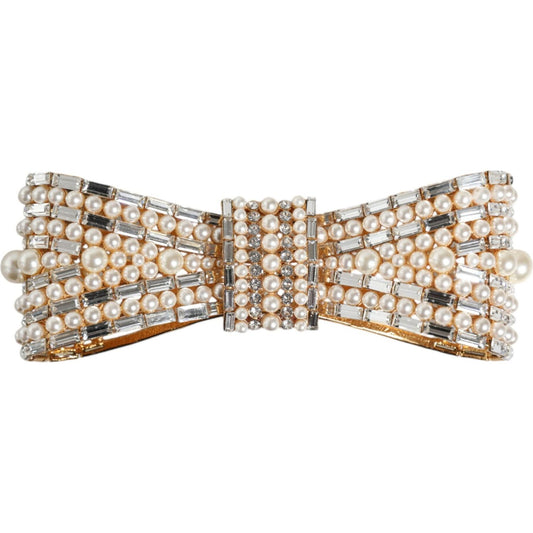 Dolce & Gabbana Gold Tone Brass Bow Crystal FauxPearl Embellished Brooch SMY10377