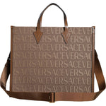 Versace Brown Top Handle Jacquard Leather Logo Crossbody Tote Bag Versace Dim Gray