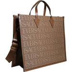 Versace Brown Top Handle Jacquard Leather Logo Crossbody Tote Bag Versace Dim Gray